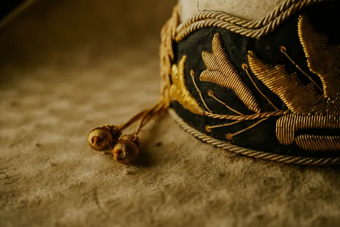 Close view of gold zari embroidery on fabric
