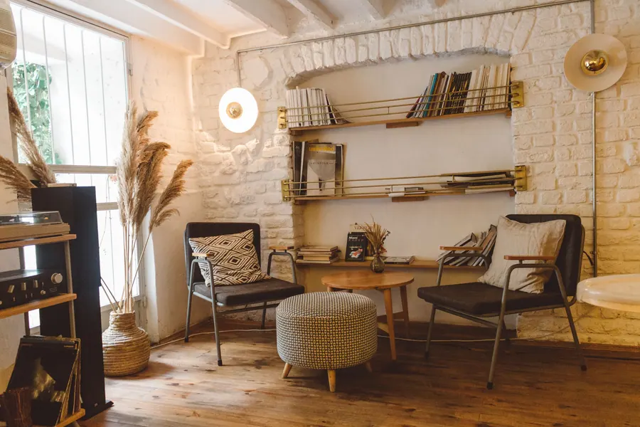 Inside the studio, warm light through the window